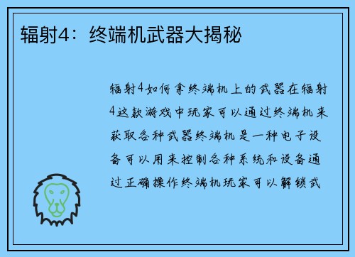 辐射4：终端机武器大揭秘
